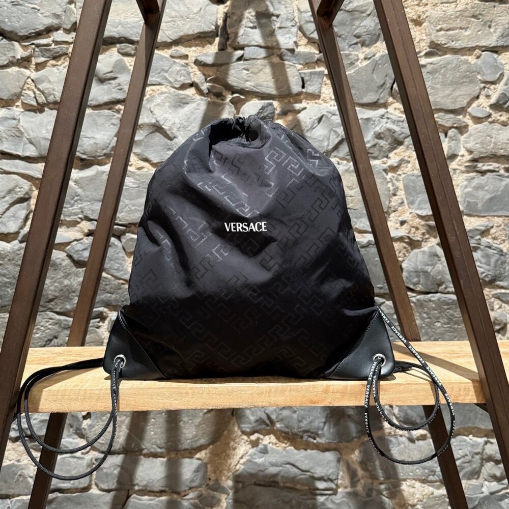 Versace Black Nylon Greca Print Logo Rucksack Drawstring Bag